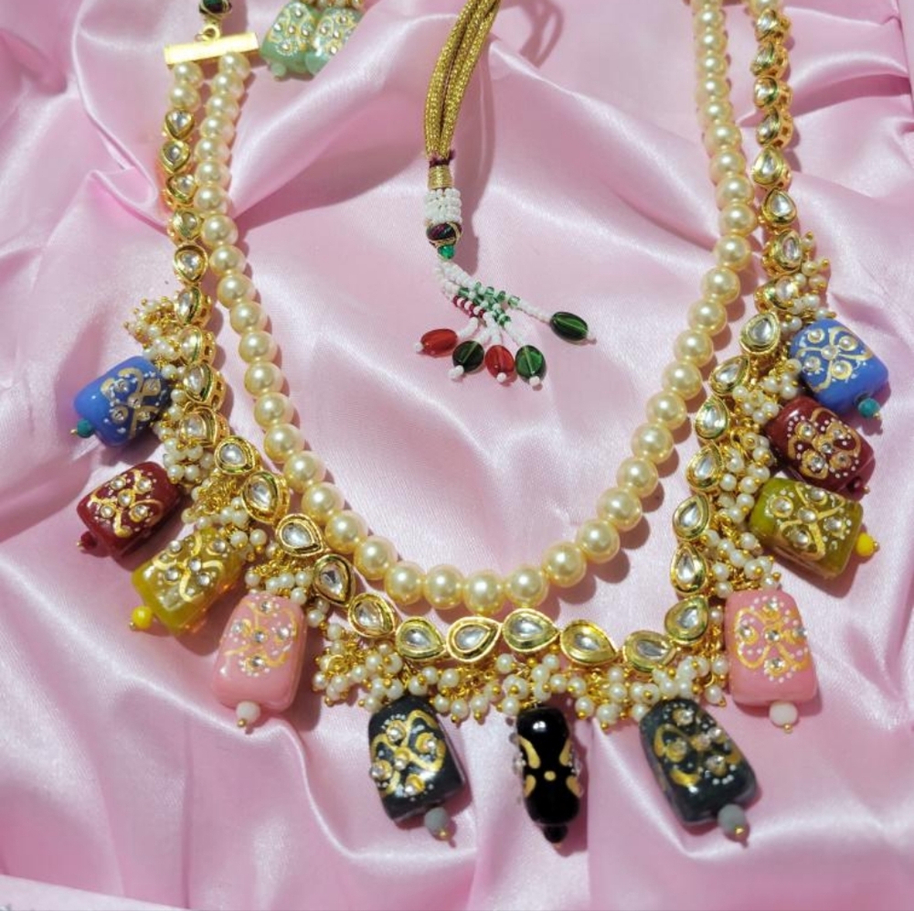 Long Beaded Necklace with Earrings |Indian kundan Mala| Monalisa beads Necklace.